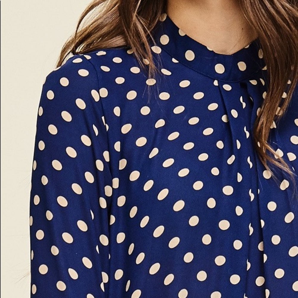 Navy Polka Dot Pleated Trumpet Sleeve Dress - Picture 3 of 4